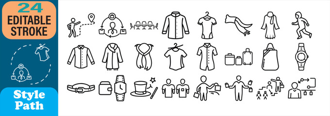 Collection of outline icons depicting clothing accessories lifestyle and everyday objects
