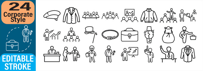Collection of simple corporate style icons representing business and office concepts