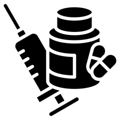 Medication - glyph black fill silhouette icon Medical Syringe, Pills, and Medicine Bottle