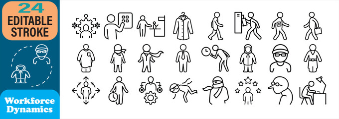 Collection of workforce dynamics icons depicting various professional and daily life activities