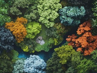 Aerial view of vibrant forest canopy lush landscape nature photography tranquil environment scenic overhead perspective