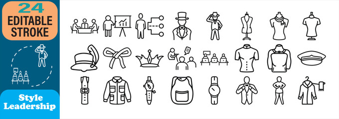 Professional fashion and leadership icons in a modern minimalistic flat outline style