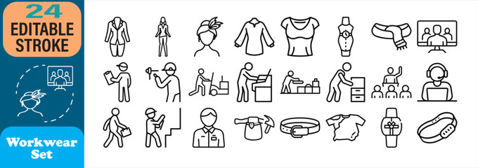 Professional workwear and workplace icons set in simple editable stroke style vector