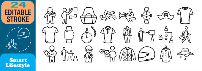 Twenty four outline icons depicting lifestyle fashion and business accessories and objects