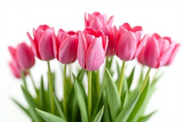 Fototapeta premium Beautiful pink tulips in bloom with green stems and leaves against a white background