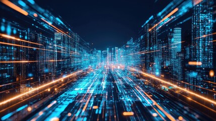 Futuristic digital city with glowing data streams and skyscrapers.