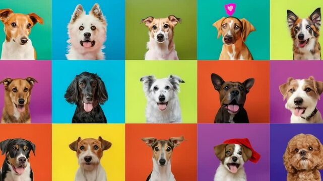 Collage of dog portraits in bright multi-colored frames. An advertising theme for a pet store or veterinary clinic.