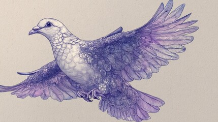 Detailed illustration of a dove in flight, displaying intricate details.