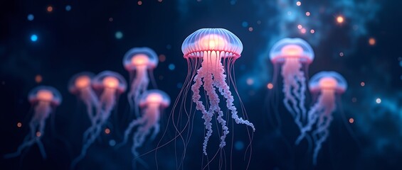 Fototapeta premium A group of glowing pink jellyfish in space