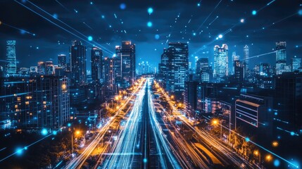 Night cityscape with glowing network connections.