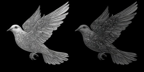 Two stylized doves in flight, intricate design.