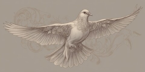 Graceful dove in flight, rendered in delicate detail.