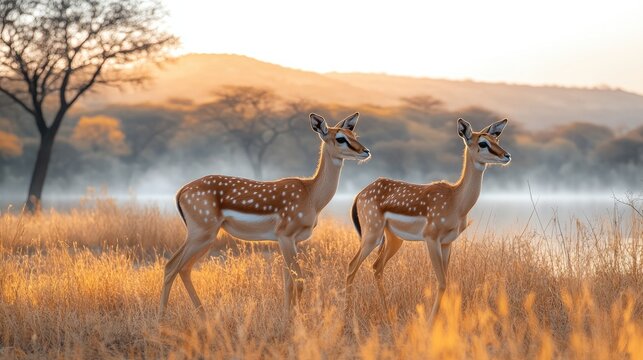 Two graceful springboks standing in golden grass near a serene water body as the sun rises behind misty hills