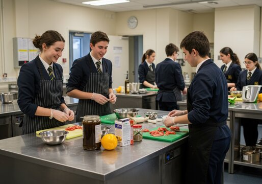 Students in culinary class working together in a modern kitchen, learning to prepare food.