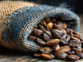 A burlap sack filled with coffee beans resting on a rustic surface