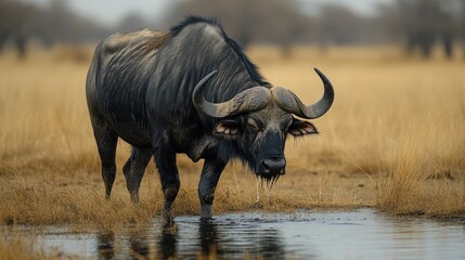 Obraz premium A majestic African buffalo wading through a shallow water pool amidst golden grasslands, showcasing the beauty of wildlife in its natural habitat.