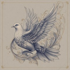 Detailed illustration of a soaring dove, framed by ornate design.