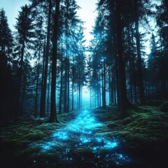 Fototapeta premium Enchanting mystical forest glow enchanted woods nature photography serene environment dreamlike perspective