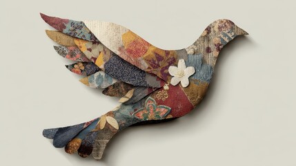 A  flying bird crafted from colorful fabric scraps.