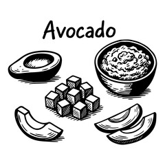 Avocado, Hand drawn sketch, sliced avocado, whole and in pieces. Vector food packaging design