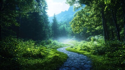 Obraz premium Tranquil nature pathway lush forest scenic landscape serene environment peaceful viewpoint exploration concept