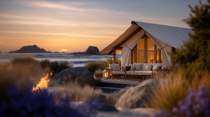 Family milestone celebration on the beach with bonfire and tent