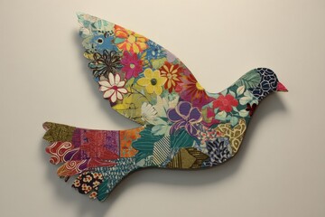 Colorful patchwork bird in flight, a decorative piece.