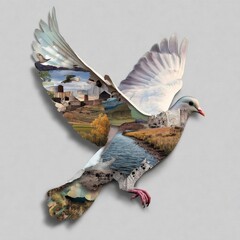 Composite image of a dove in flight, showcasing various landscapes.