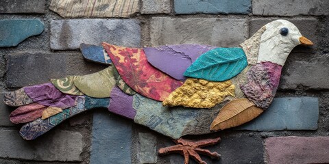 Colorful mosaic bird design on a brick wall.