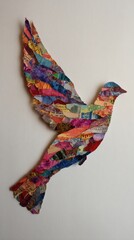 Colorful patchwork dove in flight, a vibrant artistic creation.