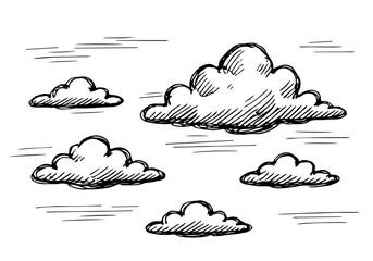 Hand drawn monochrome cartoon clouds. Engraving cloud sketch collection isolated vector illustration