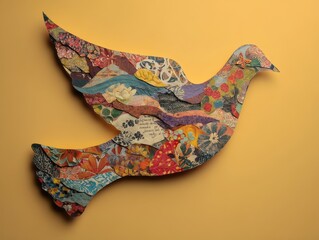 Colorful paper collage of a soaring dove.