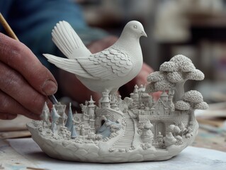 Detailed clay sculpture of a dove atop a miniature city.