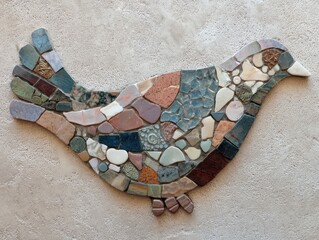 Colorful mosaic bird design displayed on a neutral background.