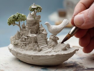 Detailed miniature clay model of a fantasy village nestled in a boat.