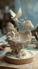 A whimsical, sculpted miniature landscape with flying birds.