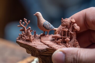 Miniature clay sculpture of a bird and a scene.