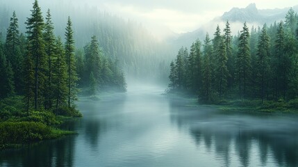 Misty mountain lake, tranquil forest
