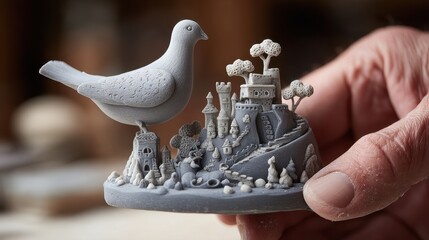 Detailed miniature clay scene with a dove perched atop a miniature castle.