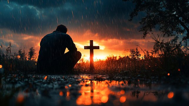 Man, god and rain with depressed for mercy with plead or cry for help with test of faith with glow cross. Mental health, doubt or loss with grief, hopeless and trouble with spiritual crisis outside