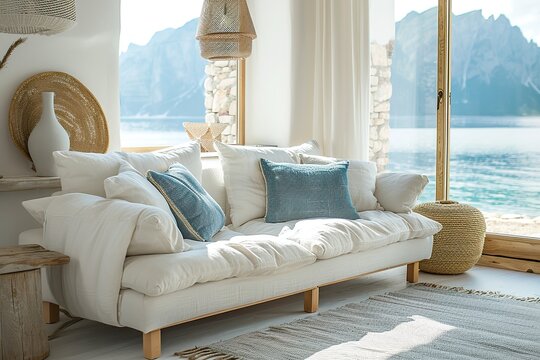 A coastal-inspired couch in soft white linen, with light wooden legs and bright, airy pillows, set in a beachside cottage living room with sea views