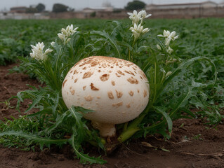 Giant puffball: Close-up of a large white puffball mushroom growing in a forest or meadow