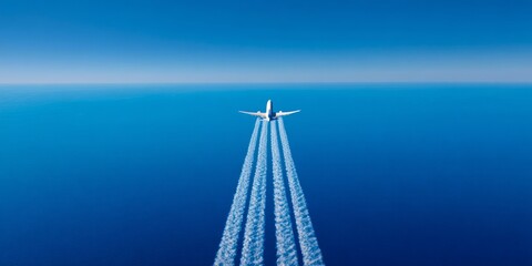 Airplane flying over ocean leaving contrails under clear blue sky