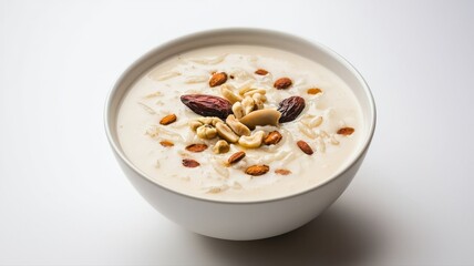 Delicious Indian Kheer, Sweet Rice Pudding with Nuts and Dried Fruits in a White Bowl on a White Background