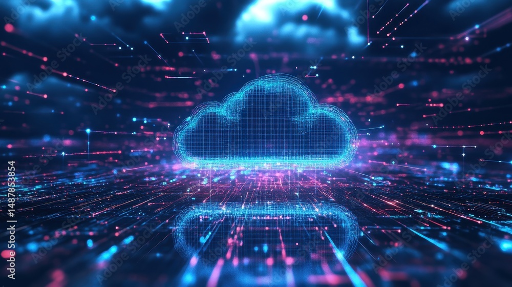 Poster futuristic business infrastructure: digital web technology with holographic clouds and advanced info