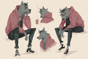 Various poses of a wolf-like character in casual attire.