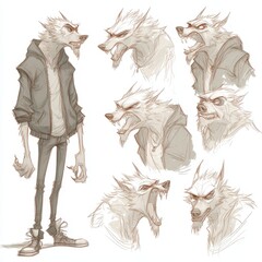 Conceptual character sketches of a stylized werewolf.