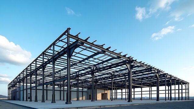 Architectural view of a modern steel frame warehouse construction under a clear blue sky