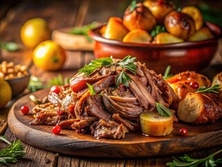 Juicy BBQ Pulled Pork & Potatoes Close Up - Delicious Smoked Meat Recipe Background