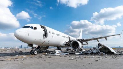 Abandoned Airplane on Runway with Blue Sky and City Skyline in Background